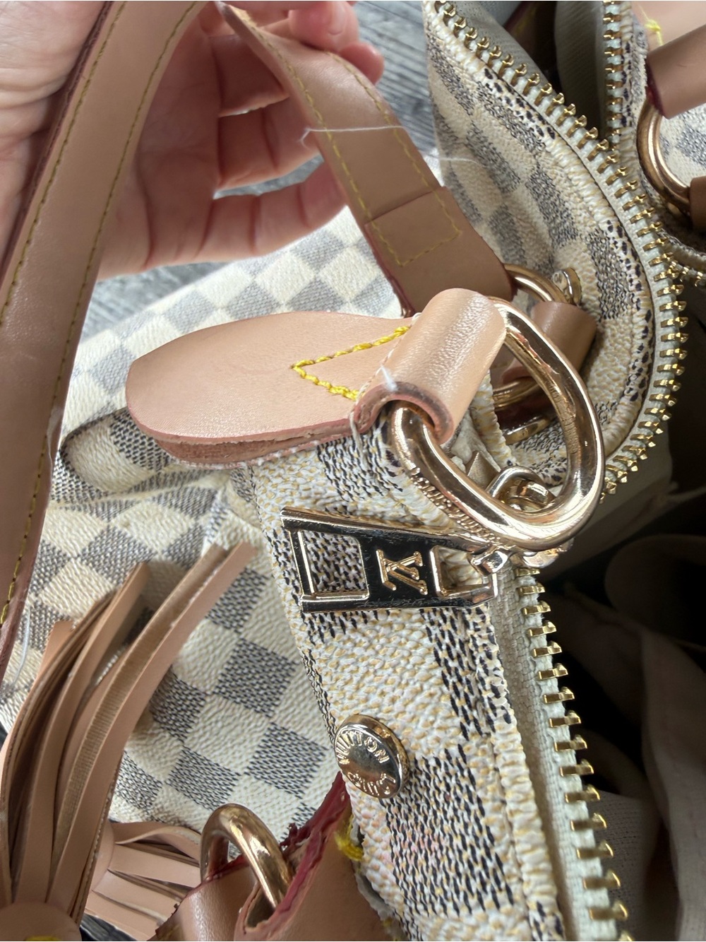 Designer-Style Cream checkered Shoulder Bag with Tan Trim and leather tassels - Picture 8 of 14